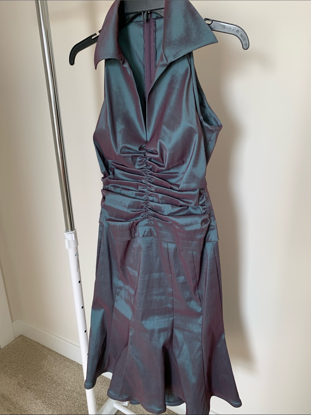 Tadashi Shoji Iridescent Teal-Purple Ruched Sleeveless Midi Dress